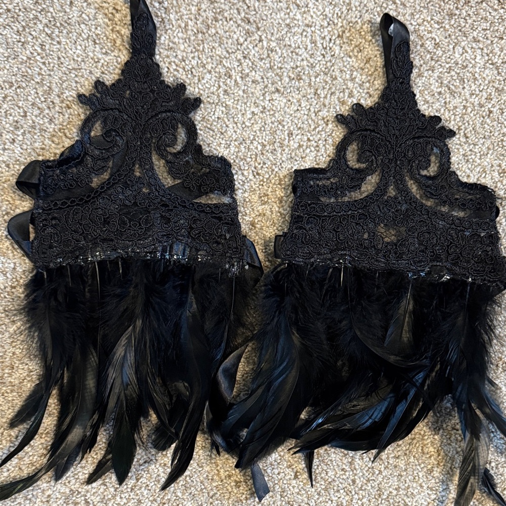 Black Lace and Feather wrist wrap gloves